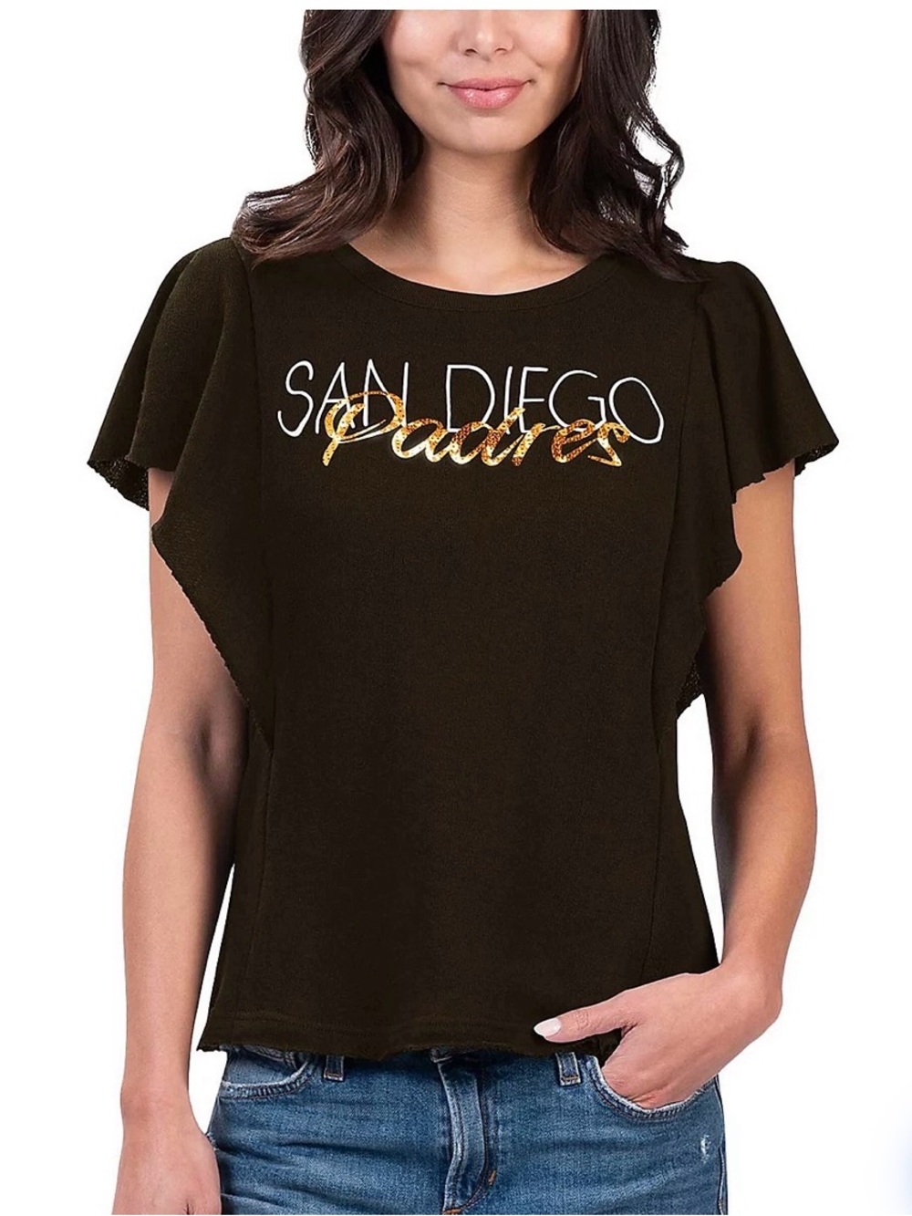 San Diego Padres Ruffle Sleeve cropped Sweatshirt sequin bling Tee raw hem L